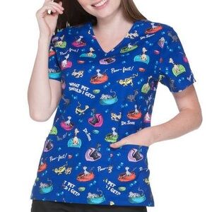 Dr. Seuss Nurse Uniform Short Sleeve Tee - Blue and Pink V-Neck Size S